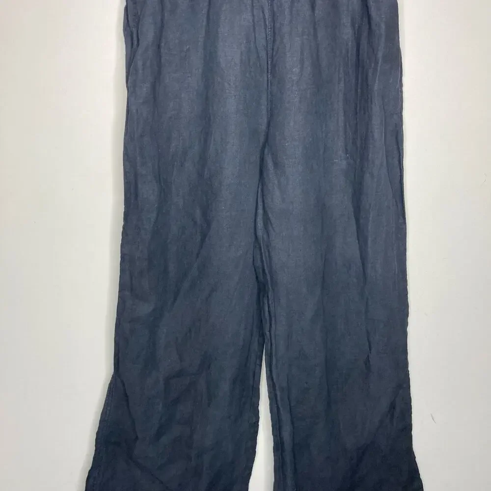 Bella Dahl Summer 100% Linen Roll Over Pants Palazzo Wide Leg Black Womens Sz M - Picture 10 of 16